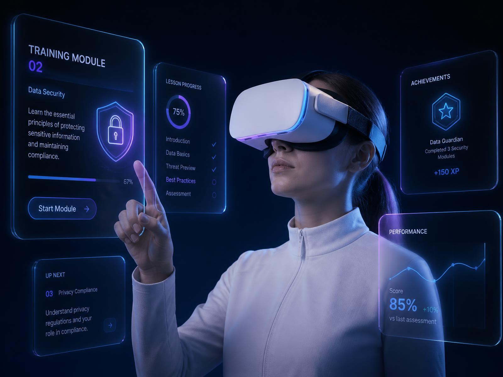 Учасниця VR-тренінгу UZH у гарнітурі поряд із прозорими панелями прогресу навчання